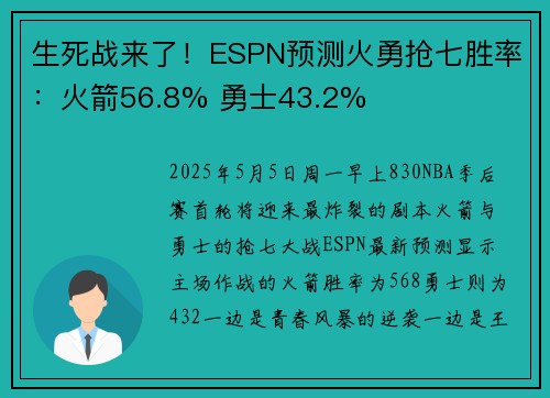 生死战来了！ESPN预测火勇抢七胜率：火箭56.8% 勇士43.2%